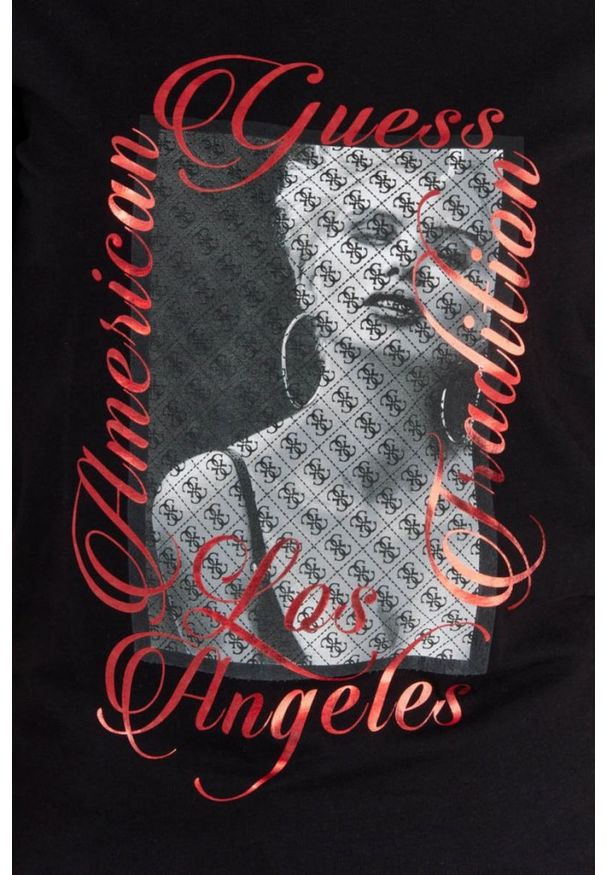 Guess - GUESS Czarny t-shirt damski z nadrukiem. Kolor: czarny. Materiał: bawełna. Długość rękawa: krótki rękaw. Wzór: nadruk