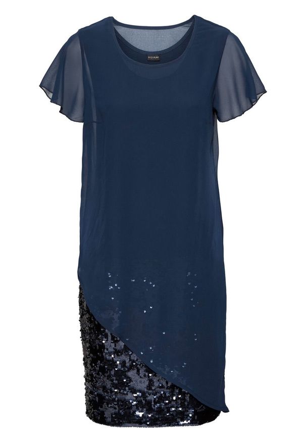 Sukienka koktajlowa z dżerseju z cekinami bonprix ciemnoniebieski. Kolor: niebieski. Materiał: poliester, elastan, wiskoza, materiał, jersey. Styl: wizytowy