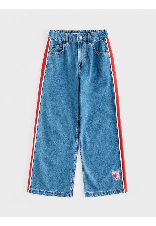 Reserved - Jeansy super wide leg z lampasami - niebieski. Kolor: niebieski