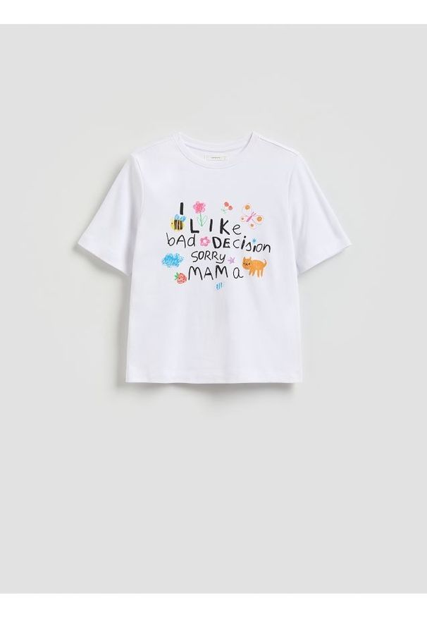 Reserved - T-shirt z nadrukiem - biały. Kolor: biały. Materiał: bawełna. Wzór: nadruk