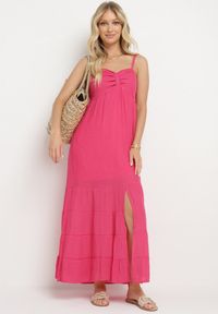 Born2be - Fuksjowa Sukienka z Bawełną na Regulowanych Ramiączkach z Elastyczną Gumką na Plecach Tinathias. Okazja: na co dzień, na spacer. Kolor: różowy. Materiał: bawełna. Długość rękawa: na ramiączkach. Sezon: lato. Typ sukienki: proste. Styl: klasyczny, casual #3