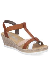 Sandały damskie na koturnie brązowe Rieker 61995-81. Kolor: brązowy. Materiał: materiał. Obcas: na koturnie #1