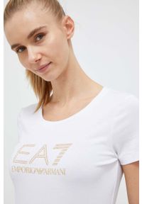 EA7 Emporio Armani t-shirt damski kolor biały. Kolor: biały. Materiał: dzianina. Długość rękawa: krótki rękaw. Długość: krótkie. Wzór: nadruk, aplikacja. Styl: klasyczny #3