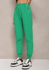 Renee - Zielone Dresowe Spodnie Bawełniane Joggery z Kieszeniami na Suwaki Bieitta. Kolor: zielony. Materiał: bawełna, dresówka