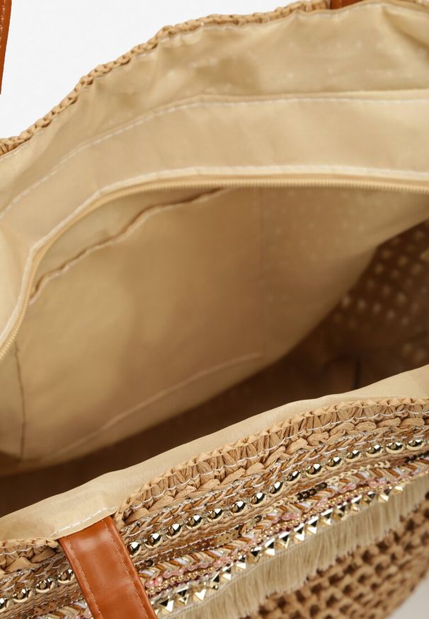 Renee - Brązowa Pleciona Duża Torebka Ozdobiona Frędzlami Rivarasia. Kolor: brązowy. Wzór: aplikacja. Dodatki: z frędzlami. Rozmiar: duże. Styl: casual, boho, elegancki, klasyczny