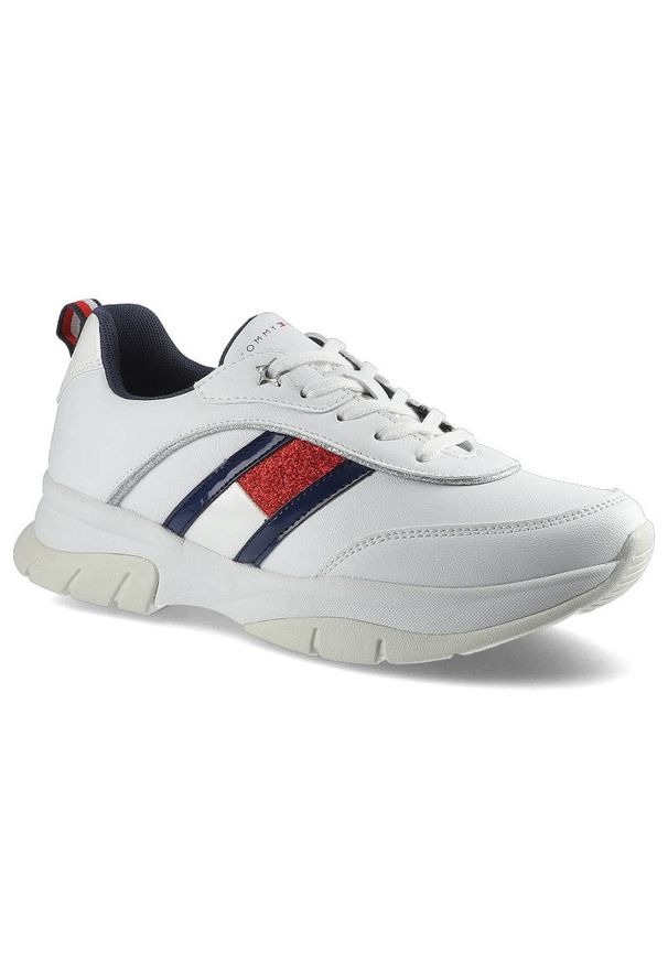 TOMMY HILFIGER - Białe Sneakersy Tommy Hilfiger Damskie Modne Buty. Kolor: biały. Materiał: materiał, skóra ekologiczna, jeans. Szerokość cholewki: normalna. Wzór: aplikacja, kolorowy