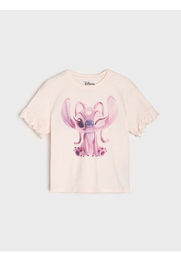 Sinsay - Bawełniana koszulka z nadrukiem Lilo & Stitch - kremowy. Kolor: kremowy. Materiał: bawełna. Wzór: nadruk