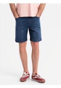 Ombre Clothing - Męskie szorty z gumką w pasie i efektem sprania – niebieskie V2 - Rozmiar: L. Okazja: na co dzień. Kolor: niebieski. Materiał: skóra, denim, materiał, bawełna, elastan. Sezon: lato. Styl: casual, elegancki