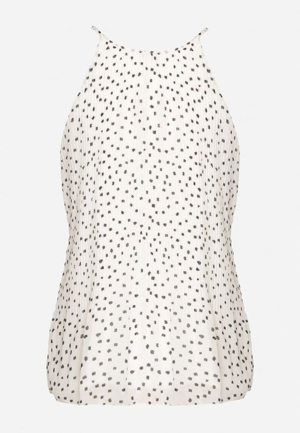 Born2be - Biała Plisowana Bluzka na Ramiączkach w Kropki Filareia. Okazja: na co dzień. Kolor: biały. Materiał: jeans. Długość rękawa: na ramiączkach. Wzór: kropki. Styl: elegancki, casual