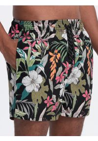 Ombre Clothing - Szorty męskie kąpielówki w kwiaty - czarne V3. Okazja: na plażę. Kolor: czarny. Materiał: poliester, materiał. Wzór: kwiaty #4