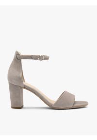 Ryłko - Szare sandały damskie na słupku. Okazja: na co dzień. Zapięcie: sprzączka. Kolor: szary. Materiał: welur, skóra. Sezon: lato. Obcas: na słupku. Styl: street, elegancki, casual. Wysokość obcasa: średni #1