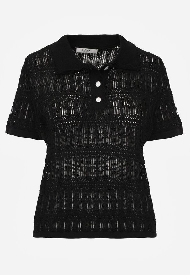 Renee - Czarna Wiskozowa Bluzka z Szydełkowym Wzorem Kołnierzykiem i Guzikami Lasthythia. Okazja: na co dzień. Kolor: czarny. Materiał: wiskoza. Styl: casual