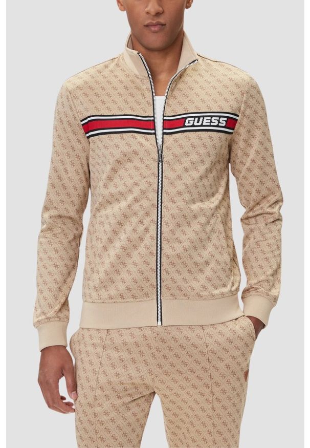 Guess - GUESS Beżowa rozpinana męska bluza w monogram Korbin, Rozmiar S. Okazja: na co dzień. Kolor: beżowy. Styl: casual, sportowy