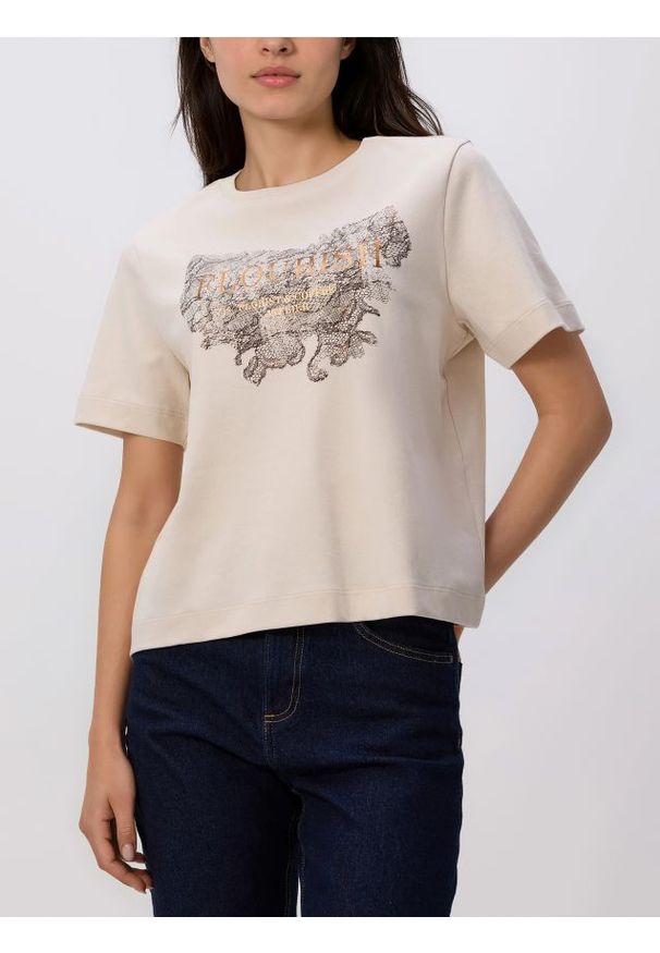 Reserved - Bawełniany t-shirt z nadrukiem - beżowy. Kolor: beżowy. Materiał: bawełna. Wzór: nadruk