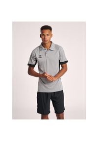 Polo Hummel Lead Functional. Typ kołnierza: polo. Kolor: szary. Materiał: dzianina, tkanina, prążkowany. Wzór: aplikacja, nadruk. Styl: elegancki