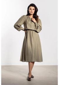 Infinite You - Elegancka sukienka rozkloszowana z długim rękawem zielona. Kolor: zielony, brązowy. Długość rękawa: długi rękaw. Styl: elegancki #3