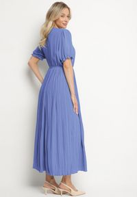Born2be - Niebieska Kopertowa Sukienka z Bawełną i Paskiem Ivellevia. Okazja: na co dzień. Typ kołnierza: dekolt w serek. Kolor: niebieski. Materiał: bawełna. Długość rękawa: długi rękaw. Sezon: lato. Typ sukienki: kopertowe. Styl: klasyczny, casual, elegancki #2