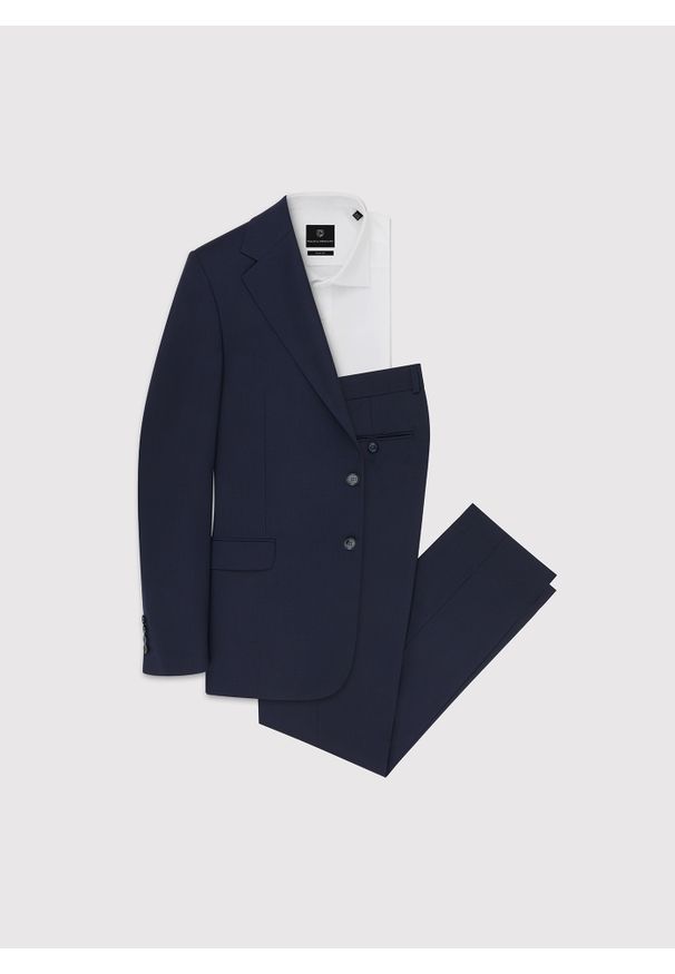 Pako Lorente - PAKO LORENTE - Wełniany granatowy garnitur męski. Kolor: niebieski. Materiał: wełna