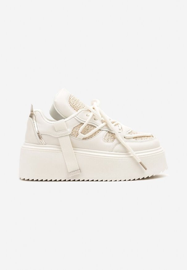 Renee - Beżowo-Białe Sneakersy na Platformie Ozdobione Sznurowaniem Vilvia. Okazja: na co dzień. Kolor: beżowy. Materiał: jeans. Wzór: aplikacja. Obcas: na platformie
