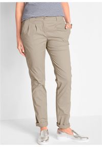 bonprix - Spodnie chinosy ze stretchem. Okazja: na co dzień. Stan: obniżony. Kolor: beżowy. Materiał: bawełna. Wzór: kwiaty. Styl: casual #1