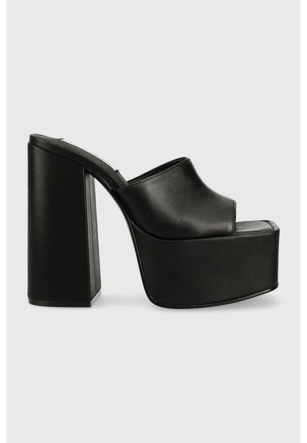 Steve Madden klapki skórzane Trixie damskie kolor czarny na słupku SM11002169. Kolor: czarny. Materiał: skóra. Wzór: gładki. Obcas: na słupku. Wysokość obcasa: średni