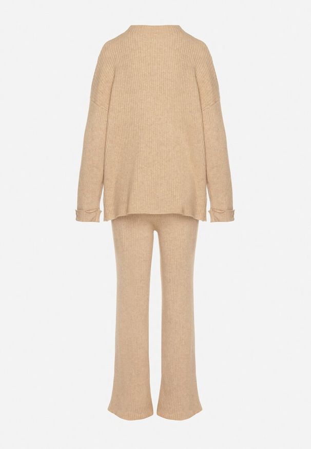 Born2be - Beżowy Komplet Dzianinowy z Wełną i Bawełną Sweter z Guzikami i Spodnie Lanadia. Kolor: beżowy. Materiał: dzianina, wełna, bawełna