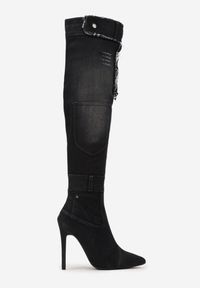 Renee - Czarne Kozaki Jeansowe na Wysokiej Szpilce Ozdobione Przetarciami Ariamella. Kolor: czarny. Materiał: jeans. Wzór: aplikacja #3