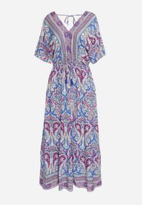 Born2be - Niebiesko-Fuksjowa Sukienka Maxi z Wiskozy w Stylu Boho z Wzorem Paisley i Gumką w Pasie Naroli. Okazja: na co dzień, na spacer. Typ kołnierza: dekolt w kształcie V. Kolor: niebieski. Materiał: wiskoza. Wzór: paisley. Sezon: lato. Styl: boho. Długość: maxi #5