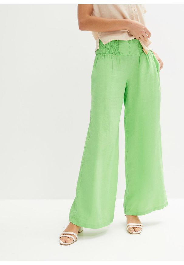 bonprix - Spodnie Marlena z przewiewnej mieszanki lnu. Kolor: zielony. Materiał: len, materiał. Styl: elegancki