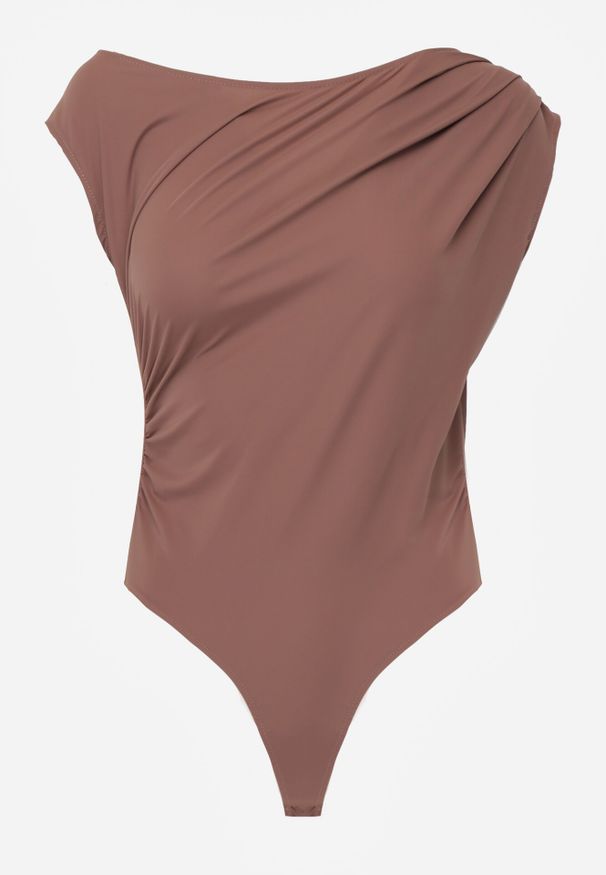 Born2be - Brązowe Asymetryczne Body Ozdobione Marszczeniem Dinida. Okazja: na co dzień. Kolor: brązowy. Materiał: jeans. Wzór: aplikacja. Styl: casual, klasyczny, elegancki