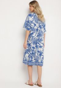 Born2be - Niebieska Sukienka o Pudełkowym Kroju z Wiązaniem przy Dekolcie w Roślinny Wzór Mirionela. Kolor: niebieski. Długość rękawa: krótki rękaw #6