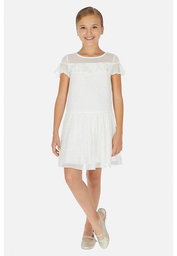 Mayoral - Sukienka dziecięca 128-167 cm. Kolor: biały. Materiał: tkanina, poliester. Długość rękawa: krótki rękaw. Typ sukienki: rozkloszowane