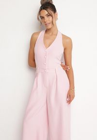 Born2be - Różowy Kombinezon Taliowany Ozdobiony Guzikami Niladwenna. Kolor: różowy. Wzór: aplikacja. Styl: elegancki #7