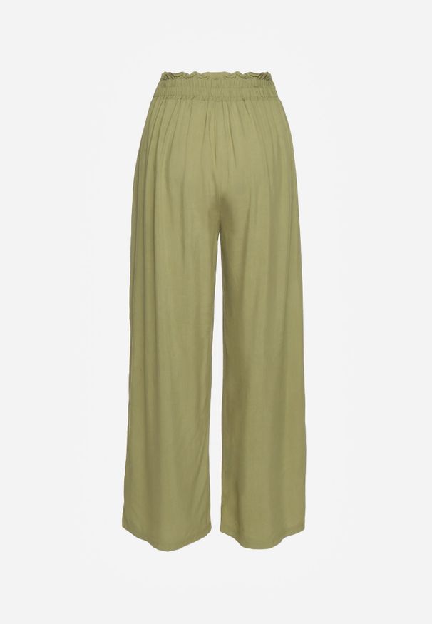 Renee - Jasnozielone Spodnie z Bawełny Typu Palazzo High Waist z Gumką w Talii Nelsaria. Okazja: na co dzień. Stan: podwyższony. Kolor: zielony. Materiał: bawełna. Styl: elegancki, casual, wizytowy