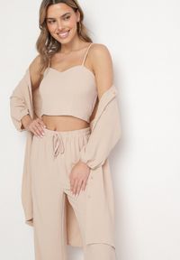 Born2be - Beżowy Komplet Top na Cienkich Ramiączkach Długa Koszula i Luźne Spodnie Adirive. Kolor: beżowy. Materiał: materiał