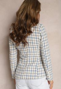 Renee - Niebiesko-Beżowa Casualowa Tweedowa Marynarka z Wszytymi Poduszkami na Ramionach Jaanes. Okazja: na co dzień. Kolor: niebieski. Materiał: bawełna, jeans. Wzór: aplikacja. Styl: casual