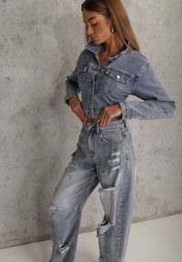 Renee - Niebieskie Jeansy z Bawełny Balloon High Waist z Przedarciami Taeryre. Okazja: na co dzień, na imprezę. Stan: podwyższony. Kolor: niebieski. Styl: casual #5