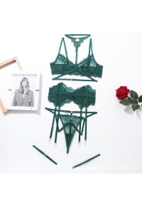 Intica - Koronkowy komplet bielizny z pasem do pończoch na romantyczny wieczór Fatinah. Kolor: zielony. Materiał: koronka. Wzór: koronka