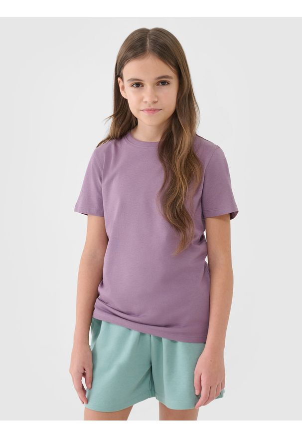 4f - 4F T-shirt regular gładki dziewczęcy - fioletowy 146 (10-11 lat). Okazja: na co dzień. Kolor: fioletowy. Materiał: dzianina, jersey, bawełna. Długość rękawa: krótki rękaw. Długość: krótkie. Wzór: gładki. Sezon: lato. Styl: casual, klasyczny, sportowy