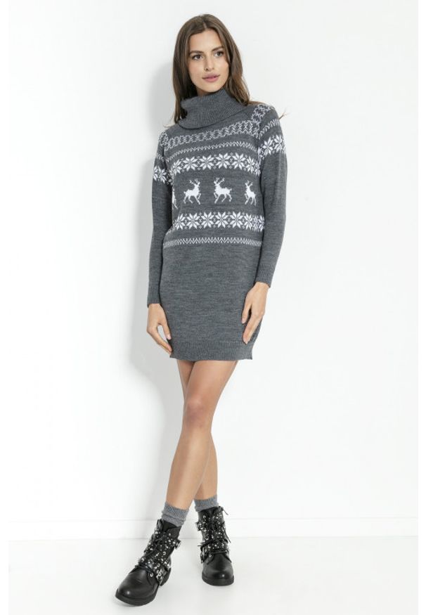 e-margeritka - Sukienka świąteczna swetrowa z golfem grafitowa - xs. Typ kołnierza: golf. Kolor: szary. Materiał: akryl, materiał. Wzór: ze splotem, aplikacja. Sezon: zima. Typ sukienki: dopasowane. Styl: wizytowy