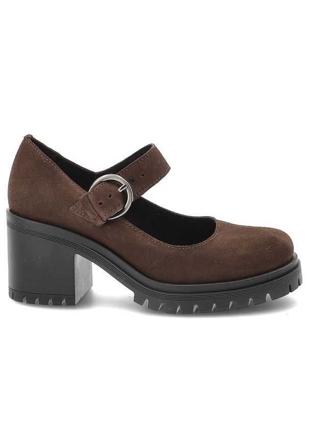 Czekoladowe Półbuty Armodo Skórzane Obuwie Damskie Na Obcasie. Okazja: na co dzień, na spacer. Zapięcie: klamry. Kolor: brązowy. Materiał: skóra. Obcas: na obcasie. Styl: casual, elegancki, klasyczny. Wysokość obcasa: średni