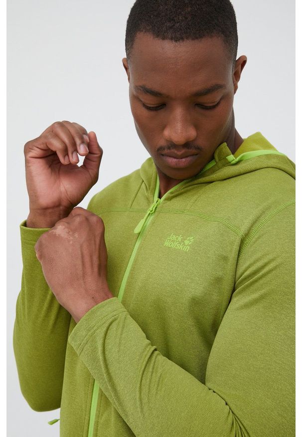 Jack Wolfskin bluza sportowa Horizon męska kolor zielony z kapturem gładka. Typ kołnierza: kaptur. Kolor: zielony. Materiał: polar, materiał, włókno, skóra. Wzór: gładki. Styl: sportowy