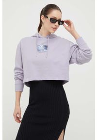 Calvin Klein Jeans bluza bawełniana damska kolor fioletowy z kapturem z nadrukiem. Typ kołnierza: kaptur. Kolor: fioletowy. Materiał: bawełna. Wzór: nadruk