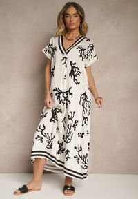 Renee - Czarno-Beżowa Pudełkowa Sukienka z Wiskozą i Lnem Sadeone. Okazja: na co dzień. Kolor: czarny. Materiał: len, wiskoza. Styl: elegancki, casual