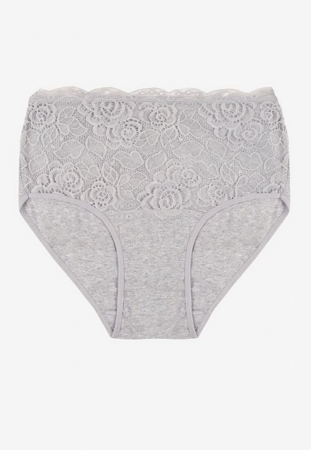 Renee - Szare Majtki Figi z Bawełny Zdobione Koronką Idivia. Kolekcja: plus size. Kolor: szary. Materiał: koronka, bawełna. Wzór: koronka, aplikacja