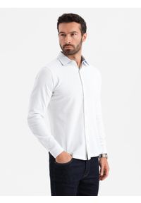 Ombre Clothing - Dzianinowa koszula męska SLIM FIT z długim rękawem – biała V1. Kolor: biały. Materiał: dzianina. Długość rękawa: długi rękaw. Długość: długie