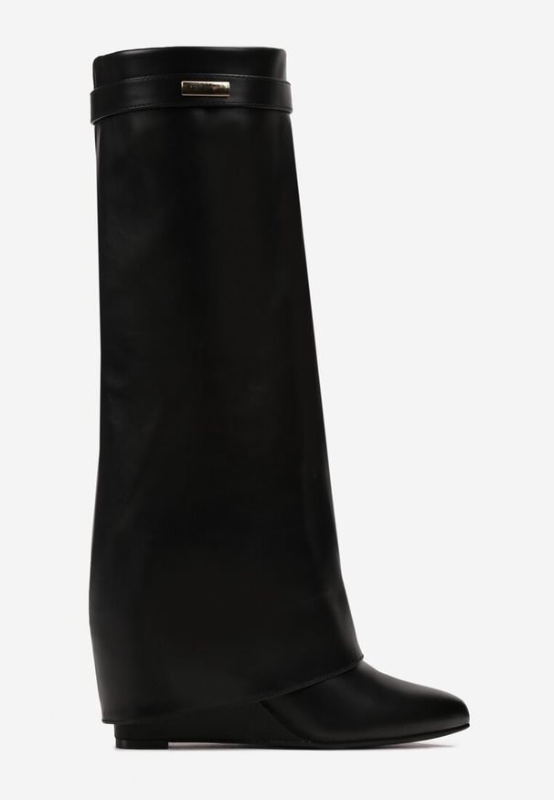 Renee - Czarne Wysokie Kozaki z Wywiniętą Cholewką na Koturnie Mistico. Kolor: czarny. Szerokość cholewki: normalna. Obcas: na koturnie