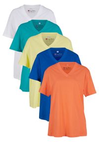 Długi shirt z dekoltem w szpic (5 sztuk), krótki rękaw bonprix łososiowy pomarańczowy + lazurowy + jasna limonka + szmaragdowy + biały. Kolor: pomarańczowy. Długość rękawa: krótki rękaw. Długość: krótkie #1