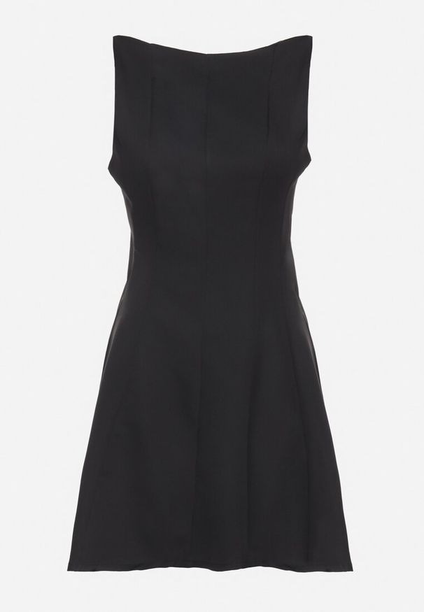 Born2be - Czarna Rozkloszowana Sukienka Ozdobiona Przeszyciami Kinetela. Okazja: na co dzień, na imprezę. Kolor: czarny. Materiał: skóra. Wzór: aplikacja. Styl: casual, elegancki