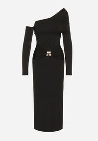 Born2be - Czarna Sukienka z Wiskozą Wywiniętym Dekoltem Marszczeniem i Metaliczną Ozdobą Reillea. Okazja: na co dzień. Kolor: czarny. Materiał: wiskoza. Wzór: aplikacja. Styl: klasyczny, casual, elegancki #4